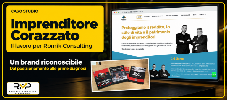 Copertina del caso studio Romik Consulting: Michael Vendemini e Romeo Ricci sul sito Imprenditore Corazzato e i materiali della Box Persuasiva
