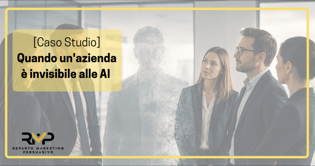 Caso studio visibilità AI: figura che si dissolve in un gruppo di professionisti — metafora del brand invisibile su ChatGPT e Gemini