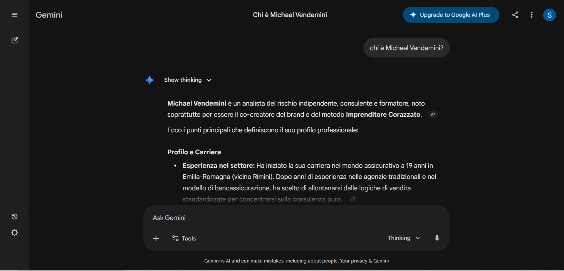 il dato di Michael Vendemini / Imprenditore Corazzato — dopo le prime azioni del piano (pagina bio + schema markup + llms.txt), Gemini ha iniziato a citarlo correttamente