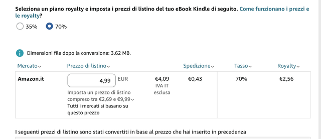 Schermata KDP con prezzo Kindle di 4,99 euro e royalty stimata di 2,56 euro