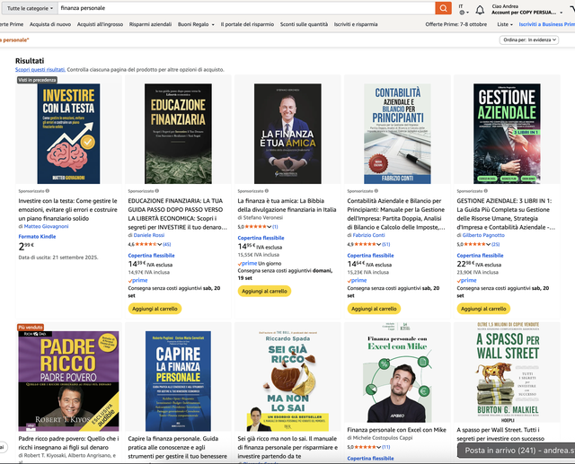 Risultati Amazon per la ricerca finanza personale con numerosi libri sponsorizzati e bestseller concorrenti