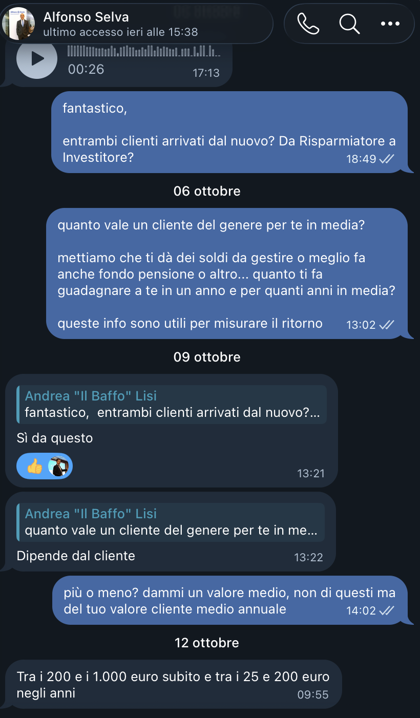 Conversazione con Alfonso Selva: due contatti dal libro e valore medio cliente di 200–1.000 euro subito, più 25–200 euro negli anni